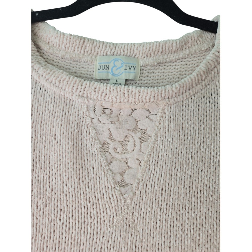 Jun & Ivy Womens L Blush Knit Sweater Lace Sleeve Crewneck Coquette Romantic